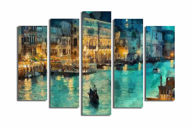 Stort lærredstryk i 5 dele 105x70 cm - Atmosfærisk udsigt over en kanal med gondoler i aftenbelysning - Turkis / Guld / Mørkeblå - Boligtilbehør - Billeder & kunst - Billeder på lærred