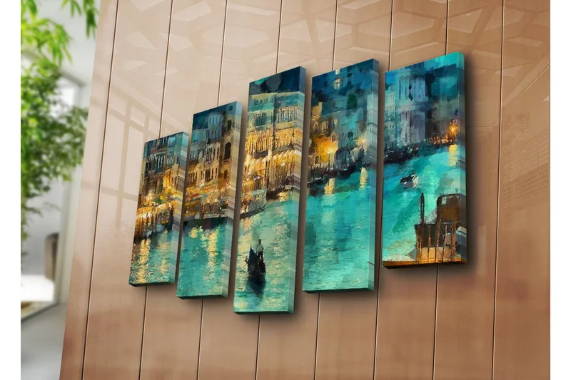 Stort lærredstryk i 5 dele 105x70 cm - Atmosfærisk udsigt over en kanal med gondoler i aftenbelysning - Turkis / Guld / Mørkeblå - Boligtilbehør - Billeder & kunst - Billeder på lærred