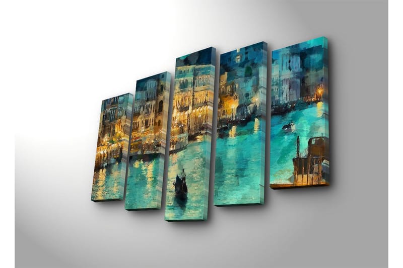 Stort lærredstryk i 5 dele 105x70 cm - Atmosfærisk udsigt over en kanal med gondoler i aftenbelysning - Turkis / Guld / Mørkeblå - Boligtilbehør - Billeder & kunst - Billeder på lærred