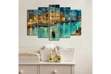 Stort lærredstryk i 5 dele 105x70 cm - Atmosfærisk udsigt over en kanal med gondoler i aftenbelysning - Turkis / Guld / Mørkeblå - Boligtilbehør - Billeder & kunst - Billeder på lærred