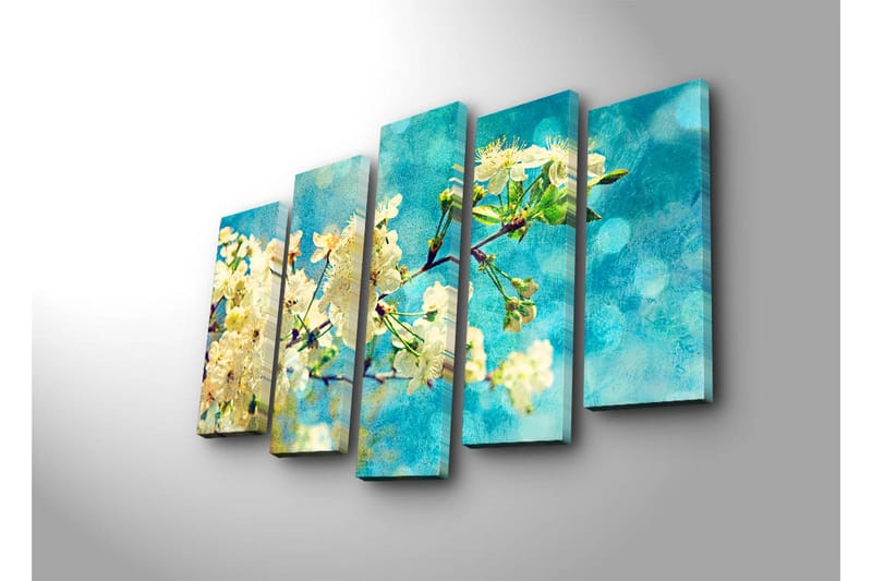 Stort lærredstryk i 5 dele 105x70 cm - Blomstrende kirsebærgrene mod en blå baggrund - Hvid / Blå / Grøn - Boligtilbehør - Billeder & kunst - Billeder på lærred
