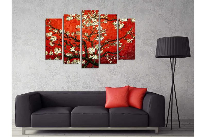 Stort lærredstryk i 5 dele 105x70 cm - Blomstrende kvist med hvide blomster på rød baggrund - Rød / Hvid / Grøn - Boligtilbehør - Billeder & kunst - Billeder på lærred