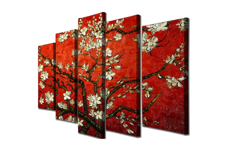 Stort lærredstryk i 5 dele 105x70 cm - Blomstrende kvist med hvide blomster på rød baggrund - Rød / Hvid / Grøn - Boligtilbehør - Billeder & kunst - Billeder på lærred