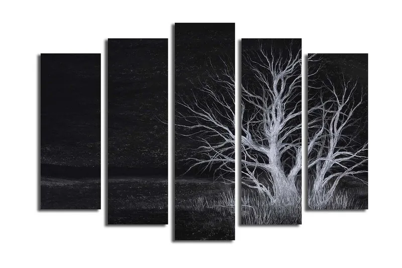 Stort lærredstryk i 5 dele 105x70 cm - Dødens træ i et mørkt landskab - Sort / Hvid - Boligtilbehør - Billeder & kunst - Billeder på lærred