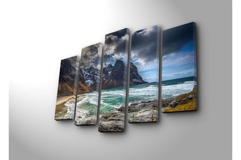 Stort lærredstryk i 5 dele 105x70 cm - Dramatiske bjerge med hav og strand - Mørkegrå / Turkis / Beige - Boligtilbehør - Billeder & kunst - Billeder på lærred