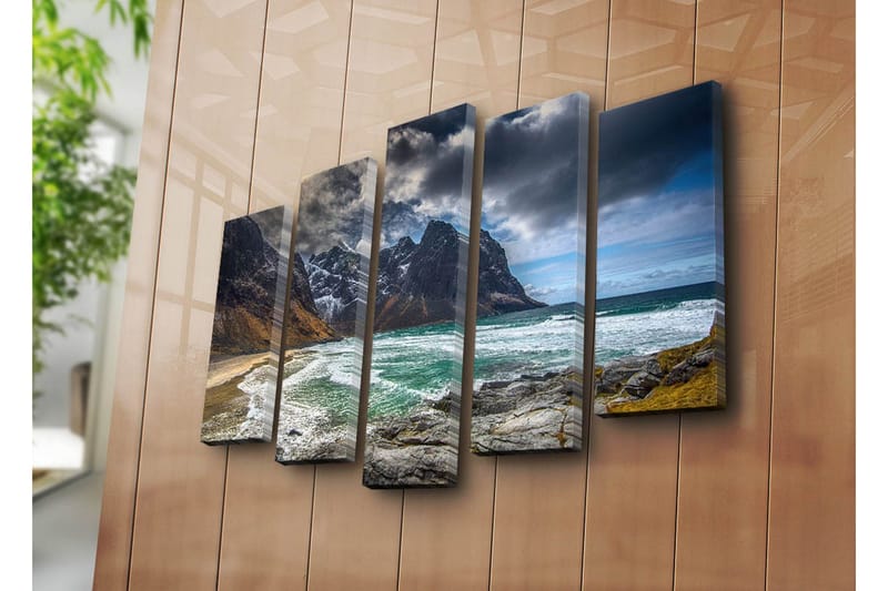 Stort lærredstryk i 5 dele 105x70 cm - Dramatiske bjerge med hav og strand - Mørkegrå / Turkis / Beige - Boligtilbehør - Billeder & kunst - Billeder på lærred