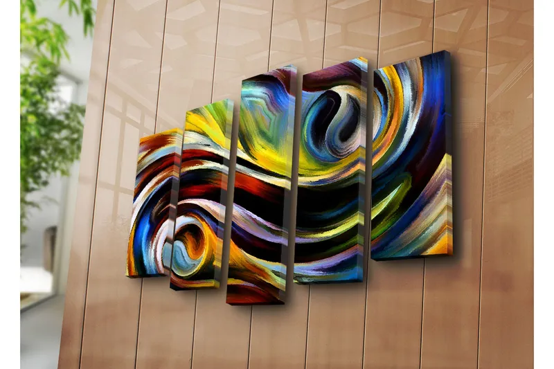 Stort lærredstryk i 5 dele 105x70 cm - Dynamisk abstrakt komposition med svingende linjer og farvede former - Gul / Blå / Rød - Boligtilbehør - Billeder & kunst - Billeder på lærred