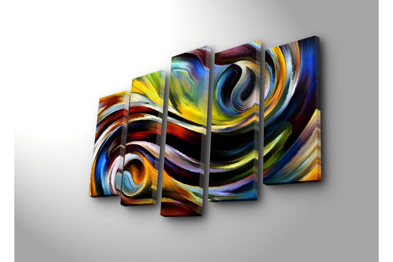 Stort lærredstryk i 5 dele 105x70 cm - Dynamisk abstrakt komposition med svingende linjer og farvede former - Gul / Blå / Rød - Boligtilbehør - Billeder & kunst - Billeder på lærred