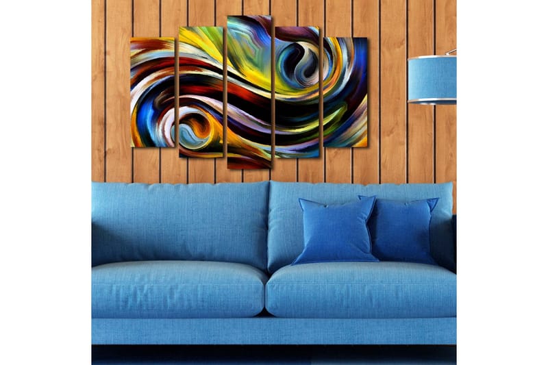 Stort lærredstryk i 5 dele 105x70 cm - Dynamisk abstrakt komposition med svingende linjer og farvede former - Gul / Blå / Rød - Boligtilbehør - Billeder & kunst - Billeder på lærred