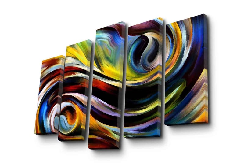 Stort lærredstryk i 5 dele 105x70 cm - Dynamisk abstrakt komposition med svingende linjer og farvede former - Gul / Blå / Rød - Boligtilbehør - Billeder & kunst - Billeder på lærred