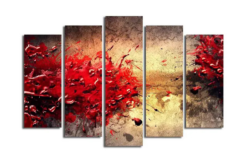 Stort lærredstryk i 5 dele 105x70 cm - Dynamisk eksplosion af røde malingspletter - Rød / Beige / Sort - Boligtilbehør - Billeder & kunst - Billeder på lærred