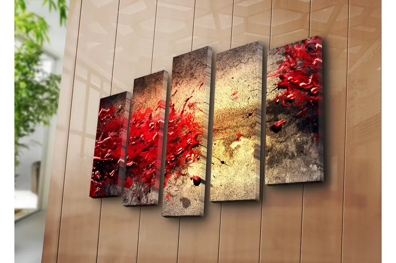 Stort lærredstryk i 5 dele 105x70 cm - Dynamisk eksplosion af røde malingspletter - Rød / Beige / Sort - Boligtilbehør - Billeder & kunst - Billeder på lærred