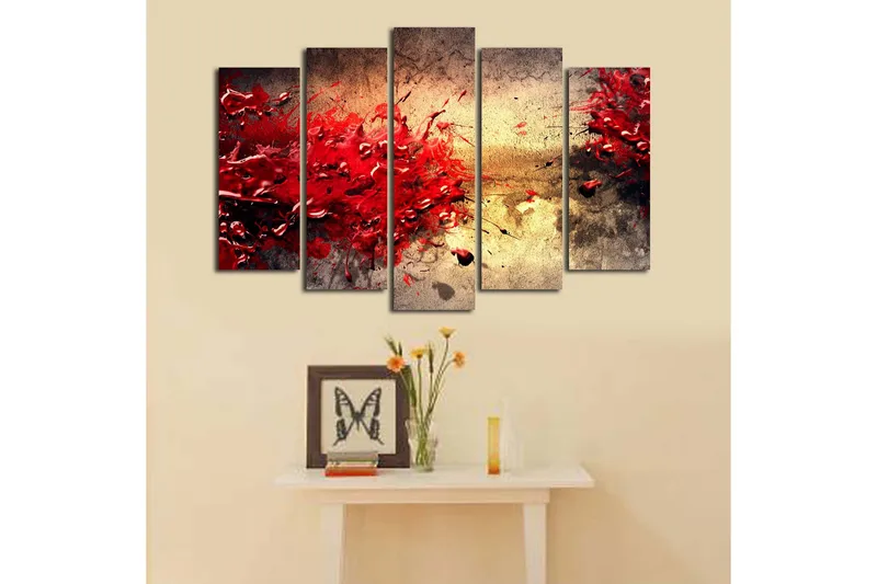 Stort lærredstryk i 5 dele 105x70 cm - Dynamisk eksplosion af røde malingspletter - Rød / Beige / Sort - Boligtilbehør - Billeder & kunst - Billeder på lærred