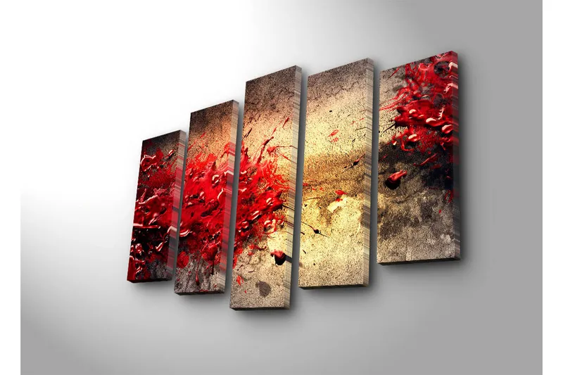 Stort lærredstryk i 5 dele 105x70 cm - Dynamisk eksplosion af røde malingspletter - Rød / Beige / Sort - Boligtilbehør - Billeder & kunst - Billeder på lærred