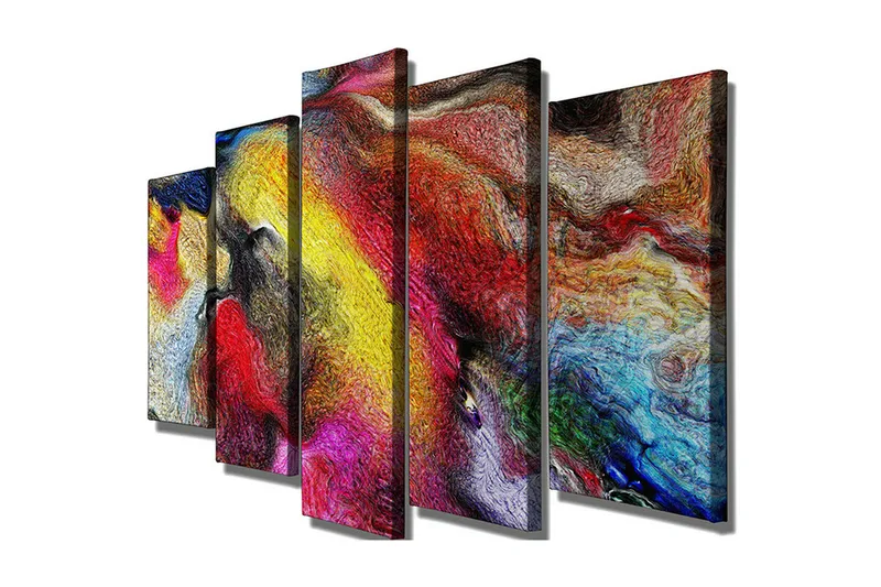 Stort lærredstryk i 5 dele 105x70 cm - Farverig abstrakt komposition med fejende former - Rød / Gul / Blå - Boligtilbehør - Billeder & kunst - Billeder på lærred