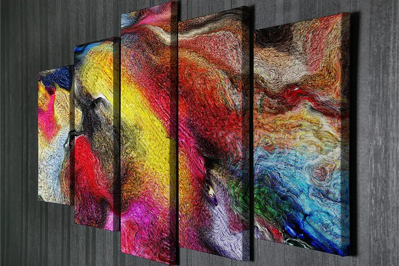 Stort lærredstryk i 5 dele 105x70 cm - Farverig abstrakt komposition med fejende former - Rød / Gul / Blå - Boligtilbehør - Billeder & kunst - Billeder på lærred
