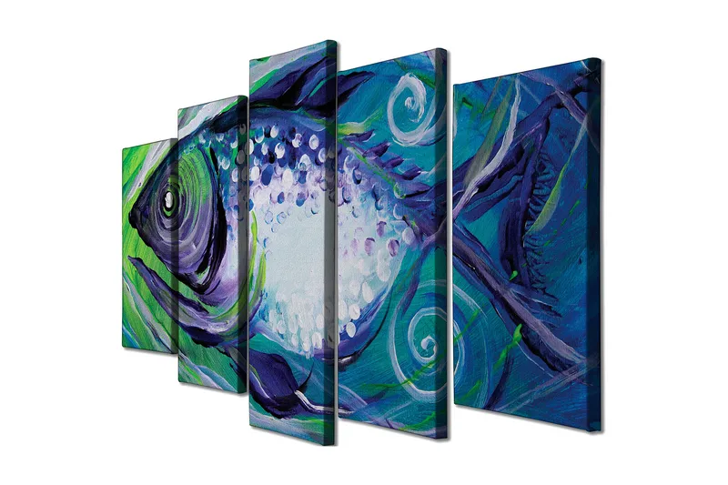 Stort lærredstryk i 5 dele 105x70 cm - Farverig fisk med abstrakte former - Blå / Grøn / Lilla - Boligtilbehør - Billeder & kunst - Billeder på lærred