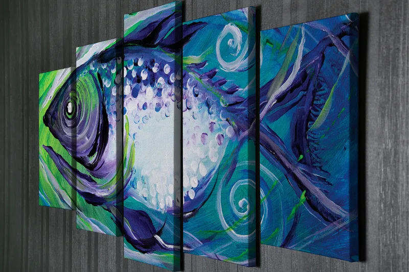 Stort lærredstryk i 5 dele 105x70 cm - Farverig fisk med abstrakte former - Blå / Grøn / Lilla - Boligtilbehør - Billeder & kunst - Billeder på lærred