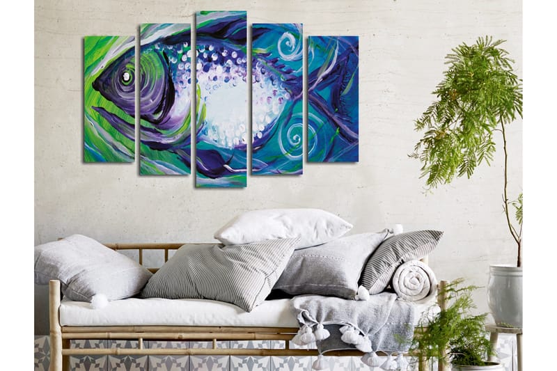 Stort lærredstryk i 5 dele 105x70 cm - Farverig fisk med abstrakte former - Blå / Grøn / Lilla - Boligtilbehør - Billeder & kunst - Billeder på lærred