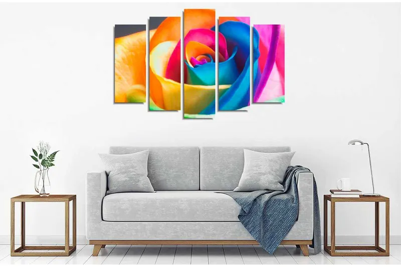 Stort lærredstryk i 5 dele 105x70 cm - Farverig rose med intense nuancer - Orange / Blå / Lyserød - Boligtilbehør - Billeder & kunst - Billeder på lærred