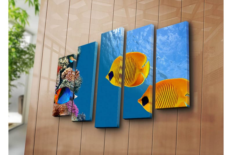 Stort lærredstryk i 5 dele 105x70 cm - Farverige fisk der svømmer blandt koralrev - Blå / Gul / Lilla - Boligtilbehør - Billeder & kunst - Billeder på lærred