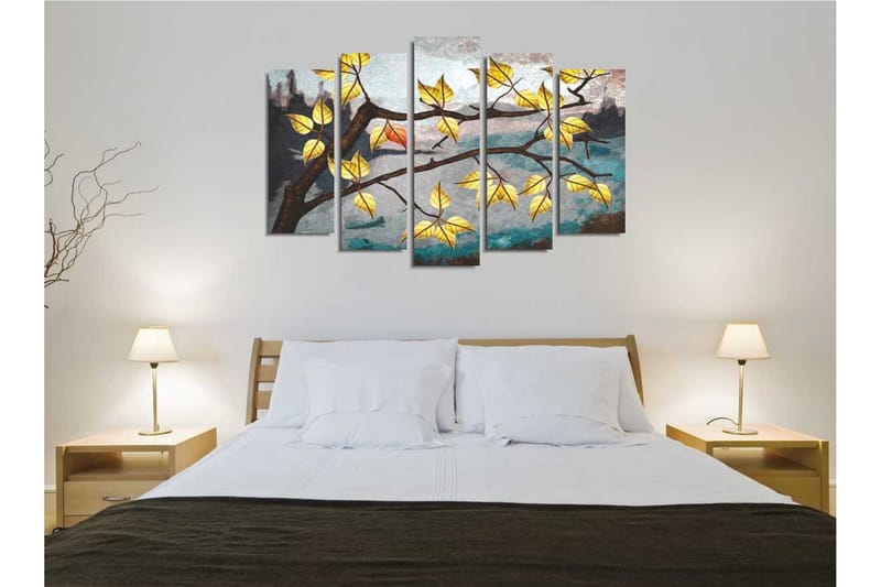 Stort lærredstryk i 5 dele 105x70 cm - Gren med gule blade mod en tåget baggrund - Gul / Brun / Blå - Boligtilbehør - Billeder & kunst - Billeder på lærred