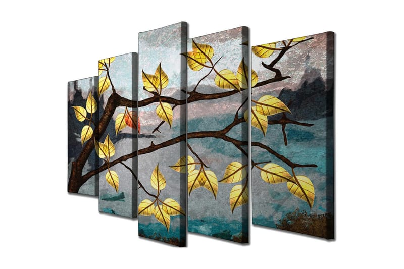 Stort lærredstryk i 5 dele 105x70 cm - Gren med gule blade mod en tåget baggrund - Gul / Brun / Blå - Boligtilbehør - Billeder & kunst - Billeder på lærred