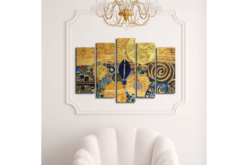 Stort lærredstryk i 5 dele 105x70 cm - Gylden abstrakt komposition med spiraler og cirkler - Guld / Blå / Sort - Boligtilbehør - Billeder & kunst - Billeder på lærred