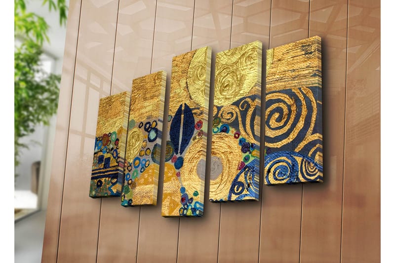 Stort lærredstryk i 5 dele 105x70 cm - Gylden abstrakt komposition med spiraler og cirkler - Guld / Blå / Sort - Boligtilbehør - Billeder & kunst - Billeder på lærred