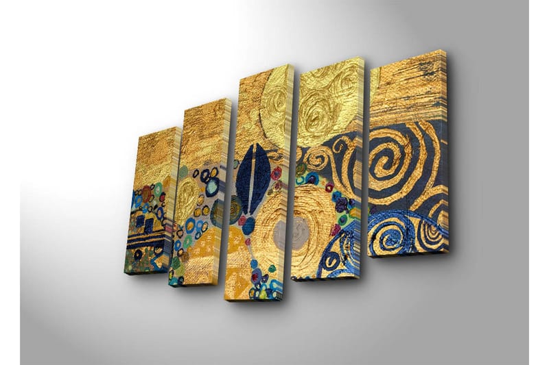 Stort lærredstryk i 5 dele 105x70 cm - Gylden abstrakt komposition med spiraler og cirkler - Guld / Blå / Sort - Boligtilbehør - Billeder & kunst - Billeder på lærred