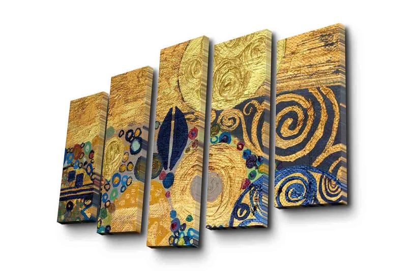 Stort lærredstryk i 5 dele 105x70 cm - Gylden abstrakt komposition med spiraler og cirkler - Guld / Blå / Sort - Boligtilbehør - Billeder & kunst - Billeder på lærred