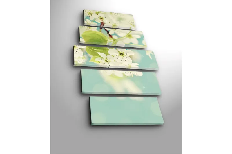 Stort lærredstryk i 5 dele 105x70 cm - Hvide hortensiaer i blomst mod en blød blå baggrund - Hvid / Grøn / Blå - Boligtilbehør - Billeder & kunst - Billeder på lærred