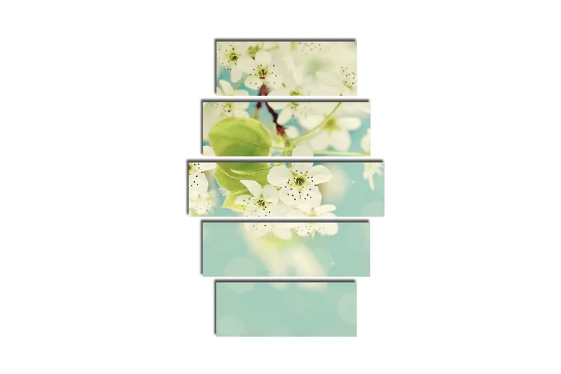 Stort lærredstryk i 5 dele 105x70 cm - Hvide hortensiaer i blomst mod en blød blå baggrund - Hvid / Grøn / Blå - Boligtilbehør - Billeder & kunst - Billeder på lærred