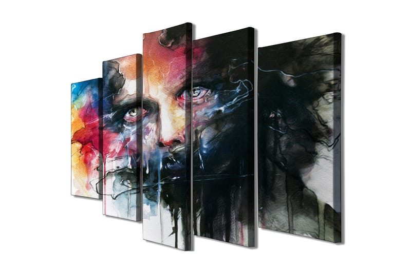 Stort lærredstryk i 5 dele 105x70 cm - Intens portræt med dramatiske farver og udtryksfulde træk - Sort / Rød / Blå - Boligtilbehør - Billeder & kunst - Billeder på lærred