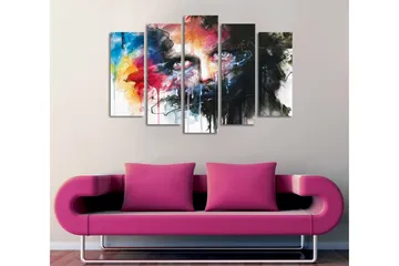 Stort lærredstryk i 5 dele 105x70 cm - Intens portræt med dramatiske farver og udtryksfulde træk - Sort / Rød / Blå - Boligtilbehør - Billeder & kunst - Billeder på lærred