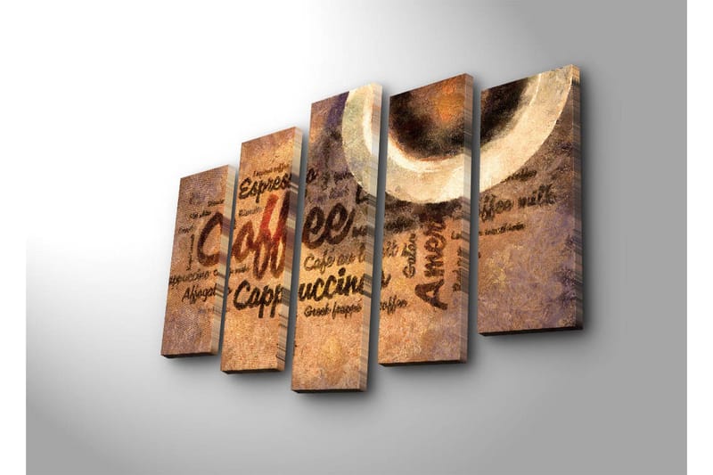 Stort lærredstryk i 5 dele 105x70 cm - Kaffeinspireret kunstværk med tekst og kaffekopper - Brun / Beige / Sort - Boligtilbehør - Billeder & kunst - Billeder på lærred