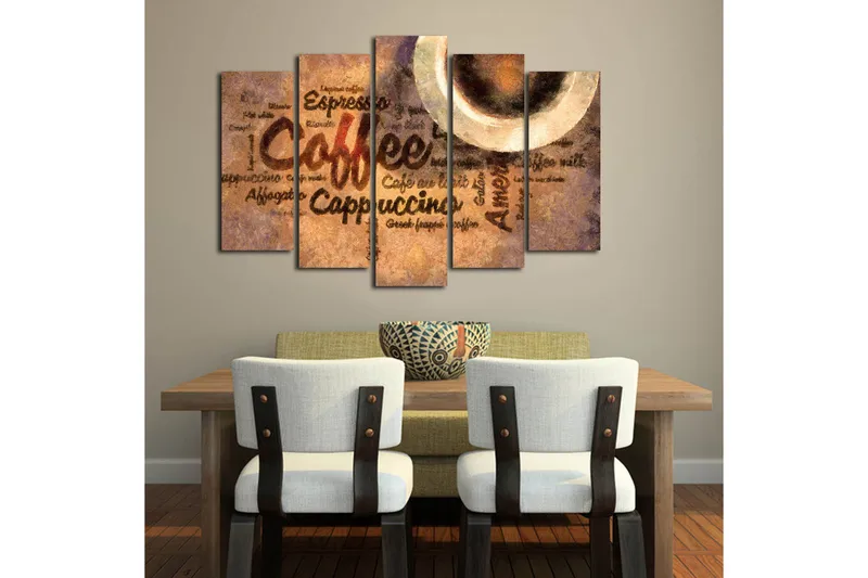 Stort lærredstryk i 5 dele 105x70 cm - Kaffeinspireret kunstværk med tekst og kaffekopper - Brun / Beige / Sort - Boligtilbehør - Billeder & kunst - Billeder på lærred
