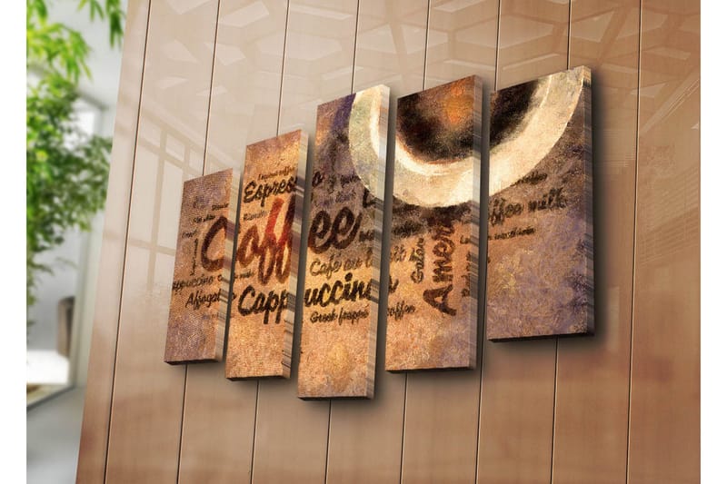 Stort lærredstryk i 5 dele 105x70 cm - Kaffeinspireret kunstværk med tekst og kaffekopper - Brun / Beige / Sort - Boligtilbehør - Billeder & kunst - Billeder på lærred