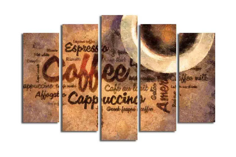 Stort lærredstryk i 5 dele 105x70 cm - Kaffeinspireret kunstværk med tekst og kaffekopper, Brun / Beige / Sort