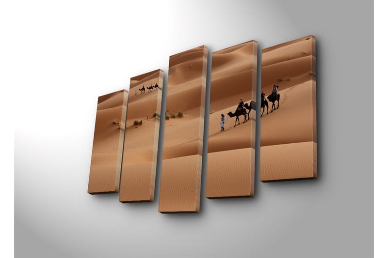 Stort lærredstryk i 5 dele 105x70 cm - Kamelkaravane bevæger sig gennem klitter - Sandbeige / Lysebrun / Grøn - Boligtilbehør - Billeder & kunst - Billeder på lærred