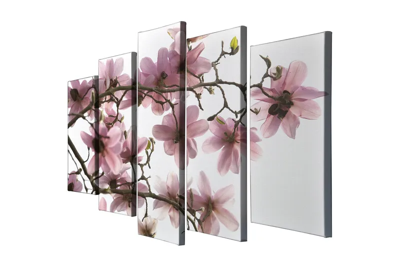 Stort lærredstryk i 5 dele 105x70 cm - Lyserøde magnoliablomster på grene - Lyserød / Grøn / Brun - Boligtilbehør - Billeder & kunst - Billeder på lærred