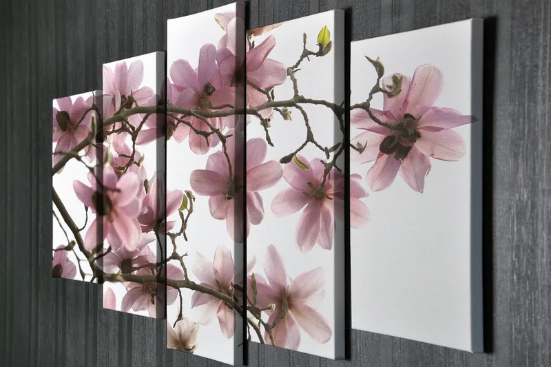 Stort lærredstryk i 5 dele 105x70 cm - Lyserøde magnoliablomster på grene - Lyserød / Grøn / Brun - Boligtilbehør - Billeder & kunst - Billeder på lærred