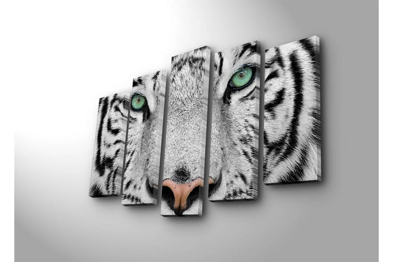 Stort lærredstryk i 5 dele 105x70 cm - Nærbillede af en hvid tiger med intense øjne - Hvid / Sort / Grøn - Boligtilbehør - Billeder & kunst - Billeder på lærred