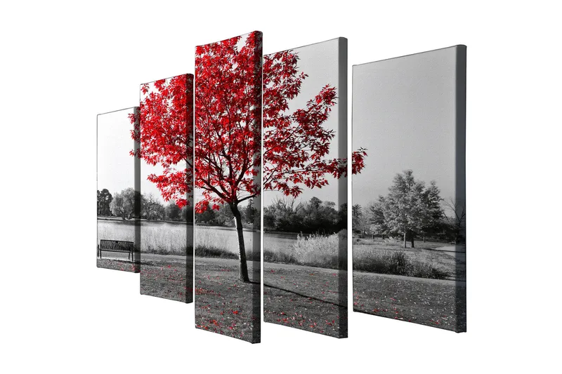 Stort lærredstryk i 5 dele 105x70 cm - Rød ahorn i et sort-hvidt landskabsmiljø - Rød / Sort / Grå - Boligtilbehør - Billeder & kunst - Billeder på lærred