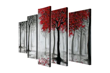 Stort lærredstryk i 5 dele 105x70 cm - Rødskiftende træer i et tåget skovmiljø - Rød / Sort / Grå - Boligtilbehør - Billeder & kunst - Billeder på lærred