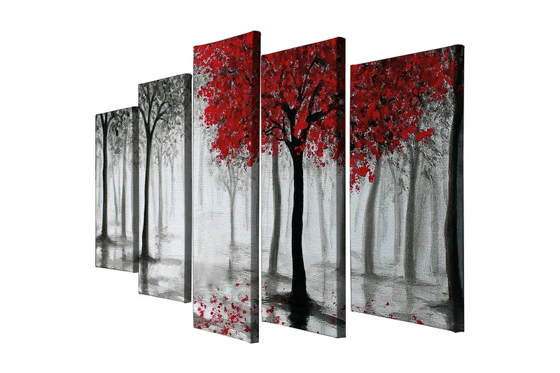 Stort lærredstryk i 5 dele 105x70 cm - Rødskiftende træer i et tåget skovmiljø, Rød / Sort / Grå