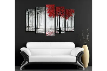 Stort lærredstryk i 5 dele 105x70 cm - Rødskiftende træer i et tåget skovmiljø - Rød / Sort / Grå - Boligtilbehør - Billeder & kunst - Billeder på lærred