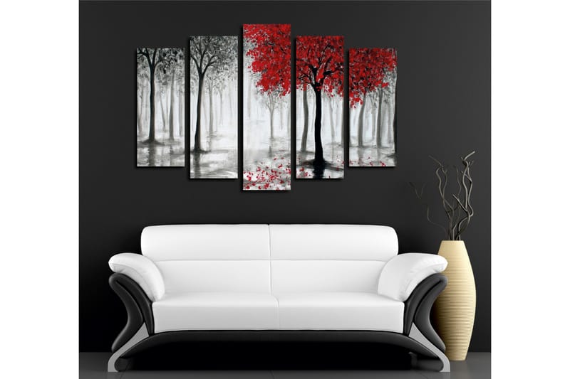 Stort lærredstryk i 5 dele 105x70 cm - Rødskiftende træer i et tåget skovmiljø - Rød / Sort / Grå - Boligtilbehør - Billeder & kunst - Billeder på lærred