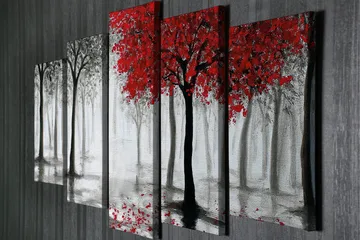 Stort lærredstryk i 5 dele 105x70 cm - Rødskiftende træer i et tåget skovmiljø - Rød / Sort / Grå - Boligtilbehør - Billeder & kunst - Billeder på lærred