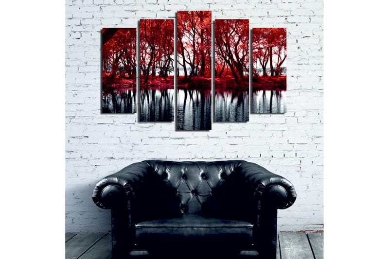 Stort lærredstryk i 5 dele 105x70 cm - Rødskiftende træer ved en spejlblank sø - Rød / Sort - Boligtilbehør - Billeder & kunst - Billeder på lærred